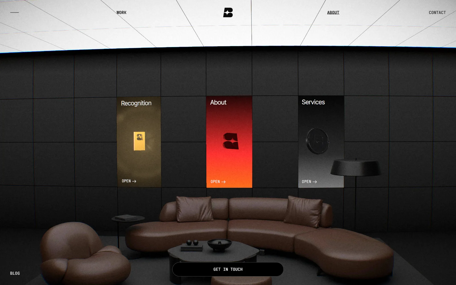 The about room on bunqlabs.com: three lit panels for Recognition, About and Services above a curved leather sofa.