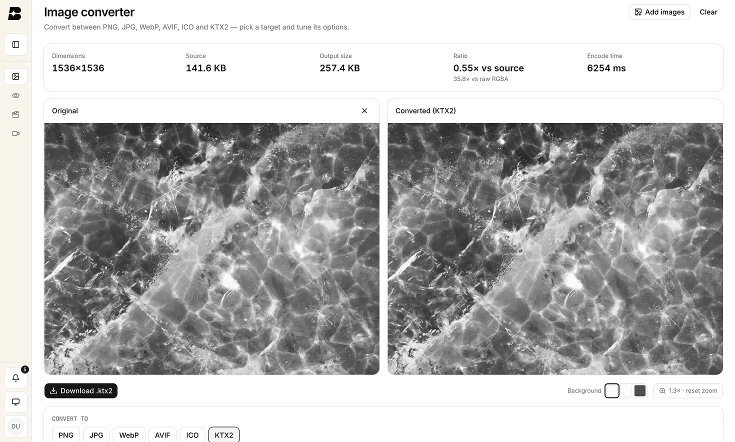 The compression previewer in our internal dashboard, showing an original and a compressed texture side by side.