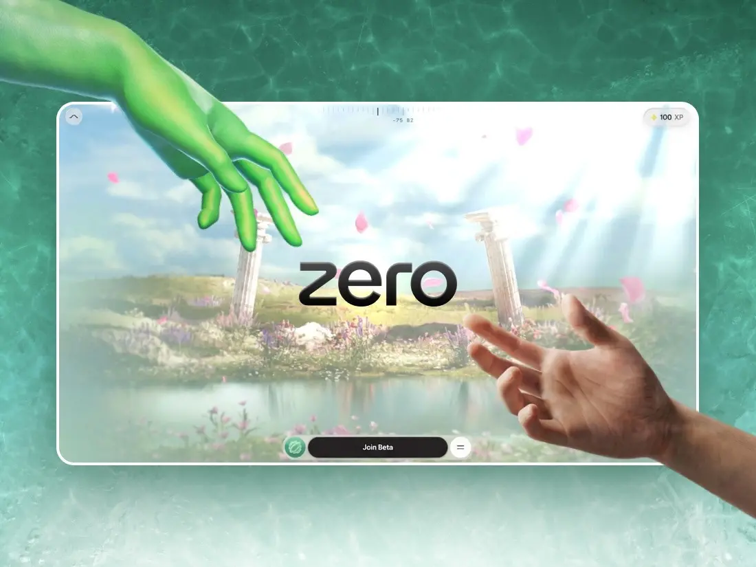 A green rendered hand and a human hand reaching towards the Zero site, open on a laptop screen over a meadow of flowers.
