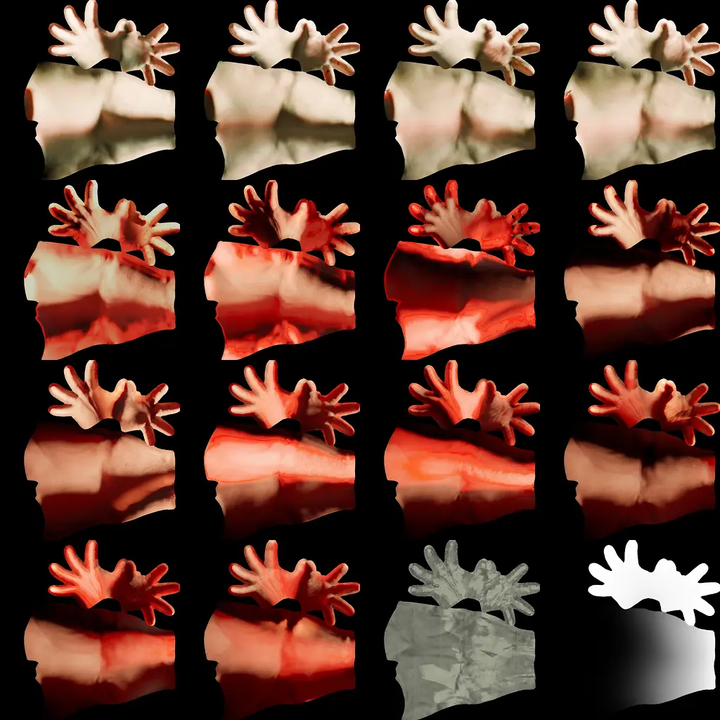 A four by four atlas holding all of the hand textures.