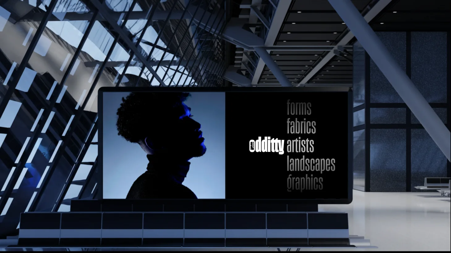 A rendered steel and glass hall with a large display screen showing a portrait beside the Oddity wordmark and the words forms, fabrics, artists, landscapes and graphics.