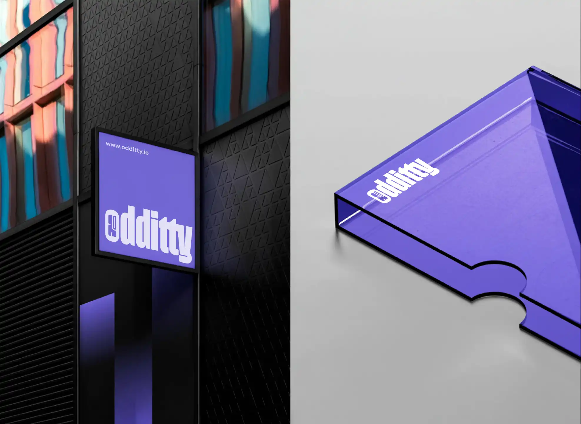 A violet Oddity sign mounted on the corner of a dark building, beside a violet acrylic tray with the Oddity wordmark on its edge.