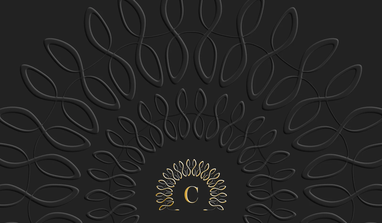 A charcoal business card for The Cunningham, embossed edge to edge with its jasmine braid pattern, the braid-arc monogram printed in gold at its centre.