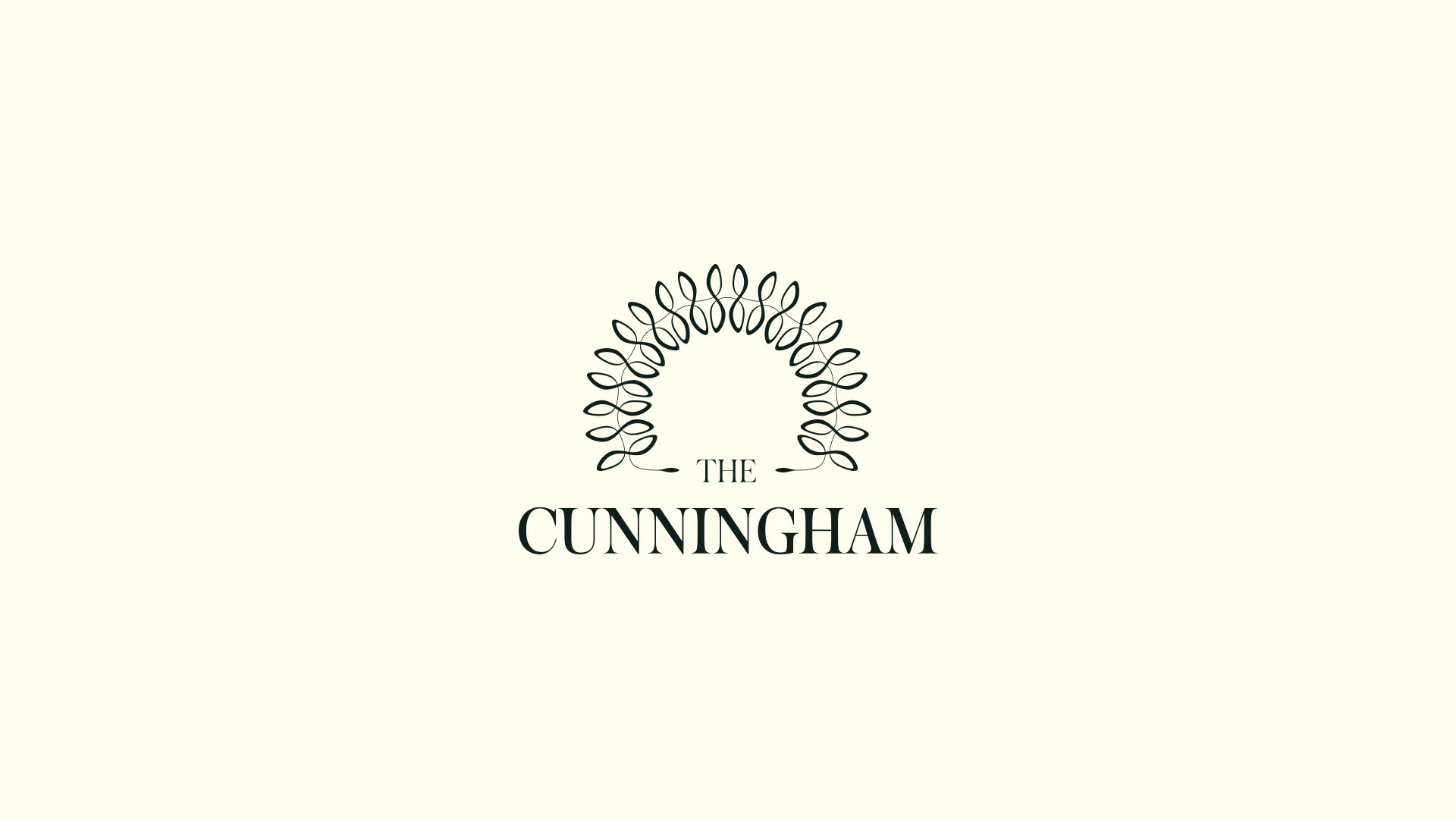 The Cunningham logo in dark green on cream: a three quarter arc of jasmine braid above the words The Cunningham.