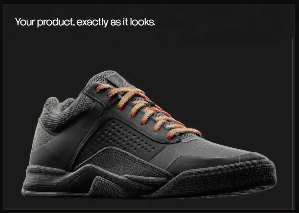 The Tesels configurator showing a dark grey trainer with orange laces, under the line Your product, exactly as it looks.