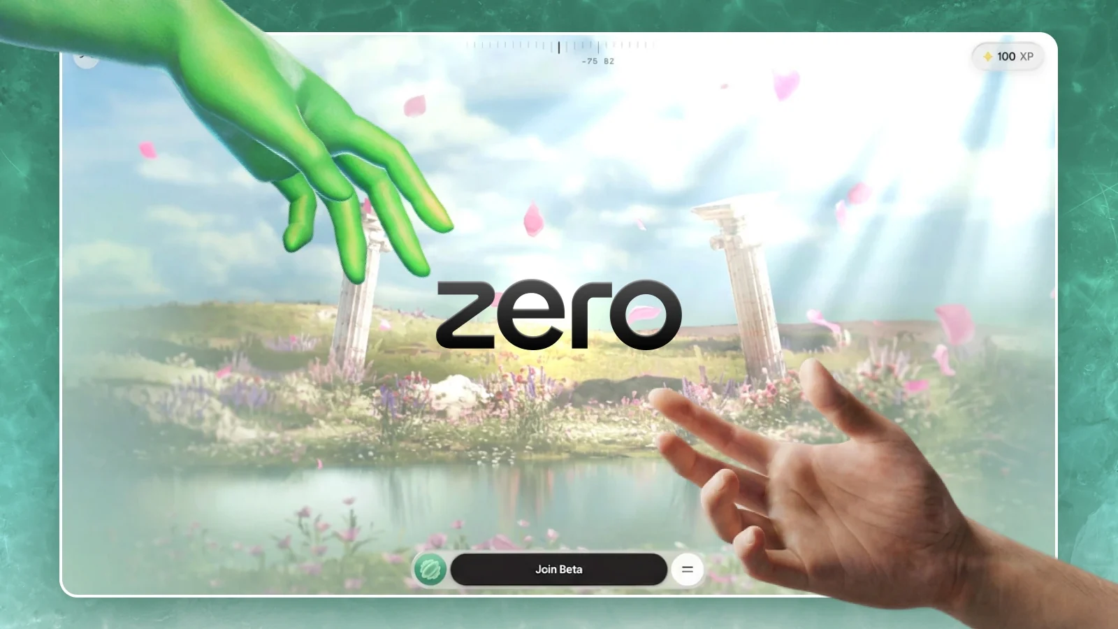 A rendered gold hand and a human hand reaching for each other across the Zero mark, from the Why Zero WebGL site.